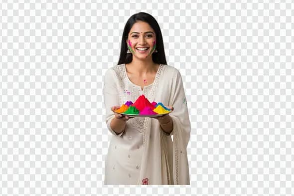 Cheerful Indian Woman Holding Holi Color Powder Plate PNG