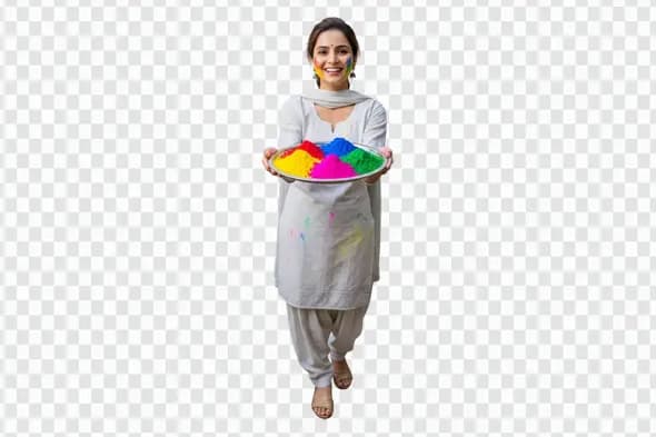 Smiling Indian Woman Holding Holi Color Plate PNG Clipart