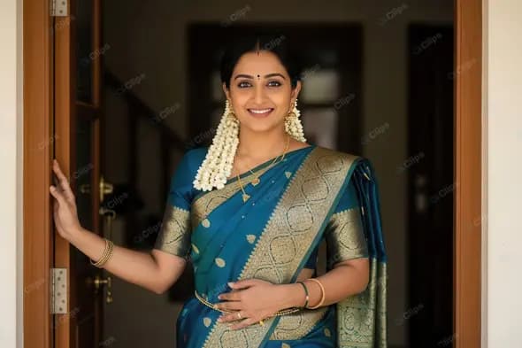 Elegant Woman Greeting at Doorstep