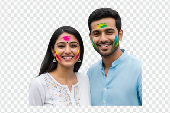 Smiling Indian Couple Celebrating Holi Festival PNG Clipart