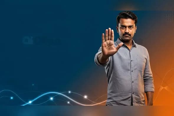 Indian Man Showing Stop Gesture on Blue and Orange Abstract Background