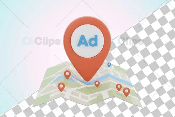3D Location Pin with Ad Text on Folded Map