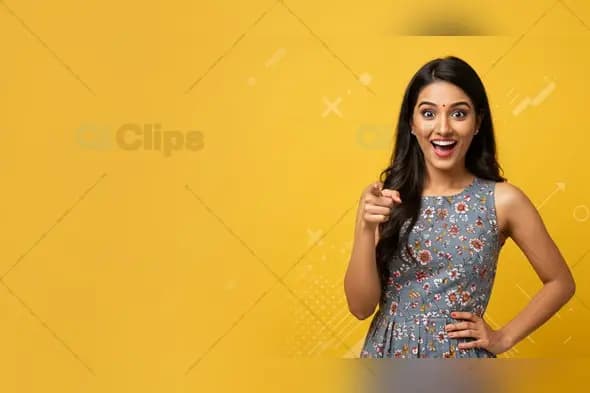 Smiling Indian Woman in Floral Dress on Yellow