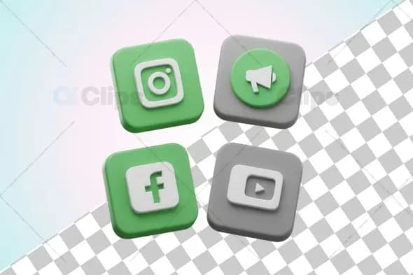 3D Social Media Icons Green and Gray Platform Buttons