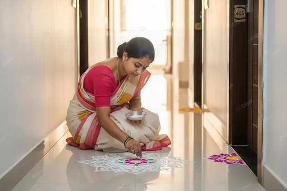 Indian Woman Creating Traditional Rangoli Art
