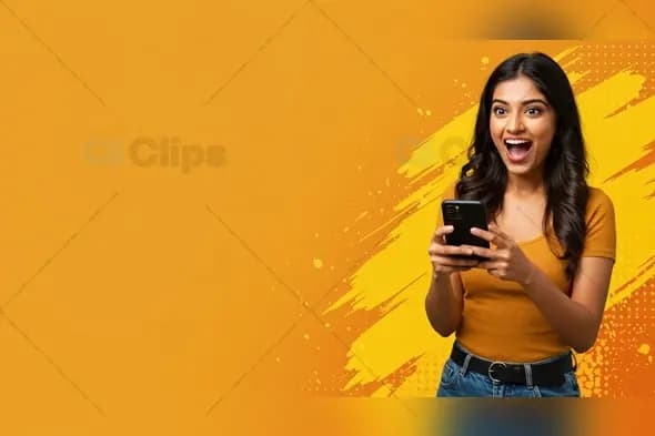 Excited Woman Using Smartphone Background
