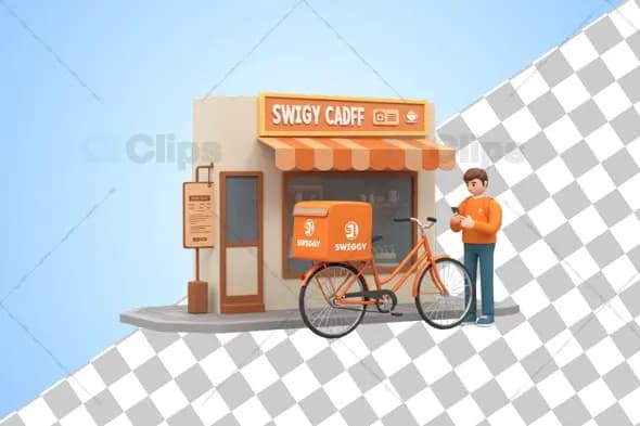 Swiggy-Themed 3D Café and Delivery Bike Illustration