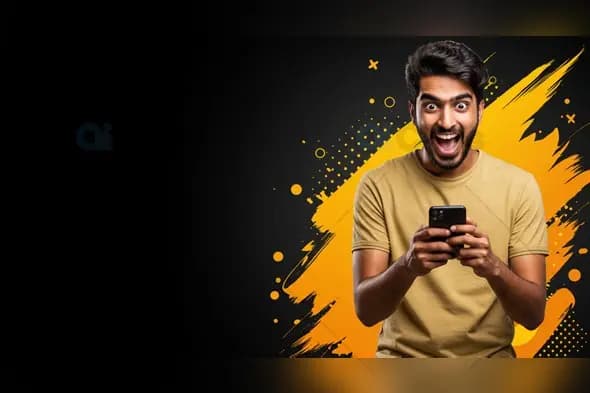 Excited Man Using Smartphone on Black and Yellow Background