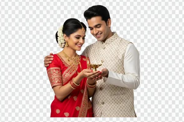 Traditional Indian Couple Holding Lit Diya for Diwali PNG