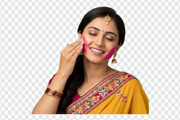 Happy Indian Woman Celebrating Holi Festival with Colors PNG