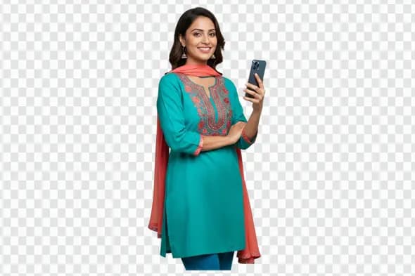 Modern Indian Woman in Kurta Holding Smartphone PNG