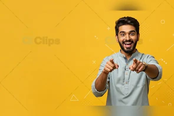 Excited Indian Man in Casual Kurta on Yellow