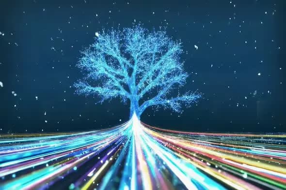 Glowing Digital Tree with Rainbow Light Streams