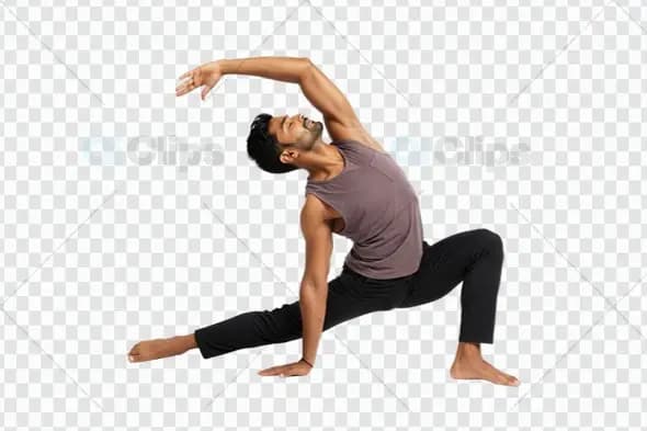 Male Yoga Practitioner in Side Bend Lunge Pose on Transparent Background