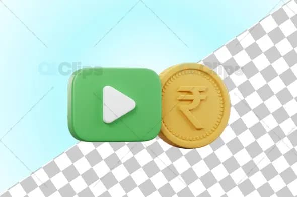 3D Play Button and Indian Rupee Coin Icon