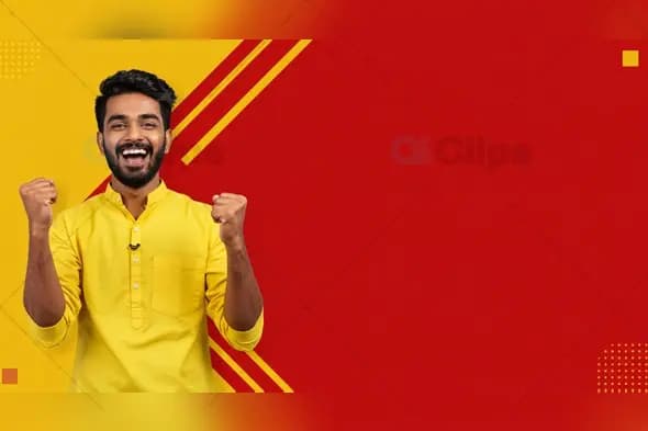 Excited Indian Man in Yellow Kurta with Red Background