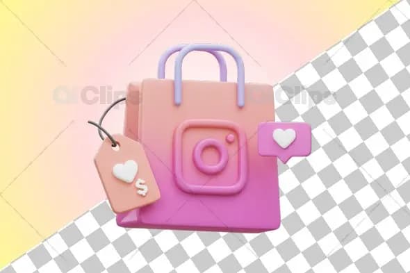 3D Instagram Shopping Bag with Price Tag and Like Icon