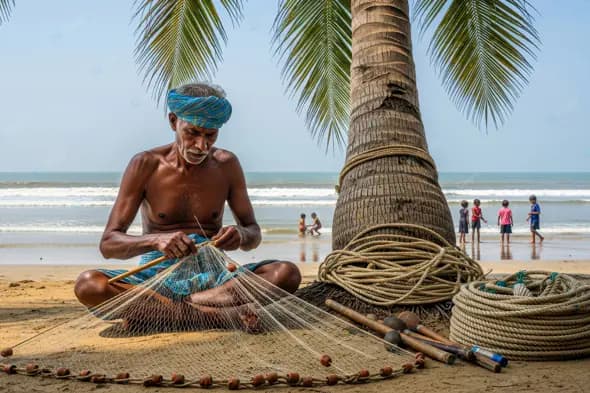 Coastal Fisherman Mending Net