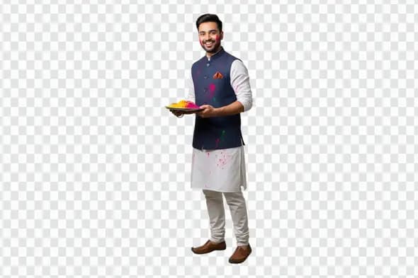 Happy Young Indian Man with Holi Gulal Thali PNG
