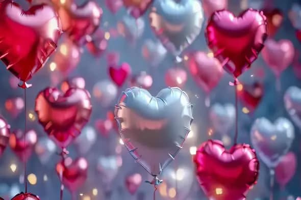 Metallic Heart Balloons Animation with Bokeh Effects