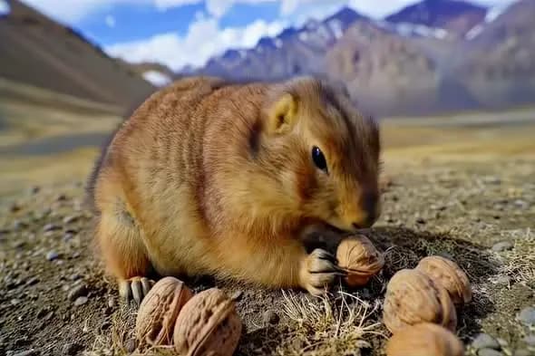 Ground Squirrel Eating Walnuts in Mountain Landscape