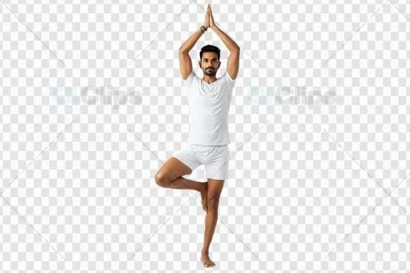 Male Yoga Practitioner in Tree Pose with White Attire on Transparent Background