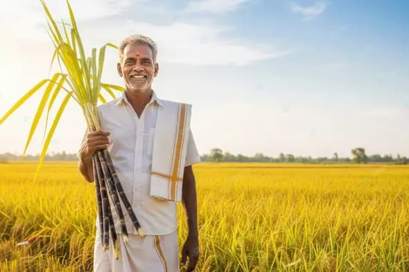 Content Indian Farmer in Golden Paddy Field