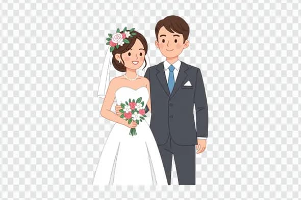 Smiling Bride and Groom Cartoon Wedding Clipart PNG