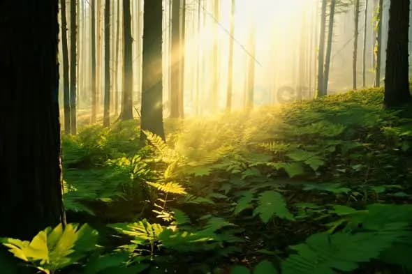 Mystical Forest Sunbeams Through Trees with Lush Fern Ground Cover