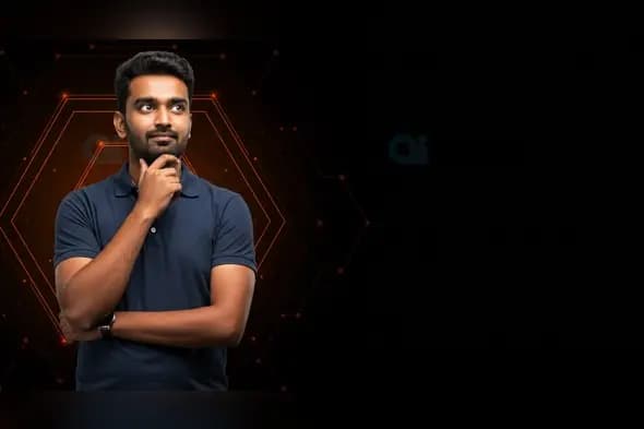 Indian Man in Thoughtful Pose on Black and Orange Tech Background