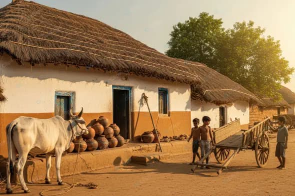 Rural Village Scene with Bullock Cart