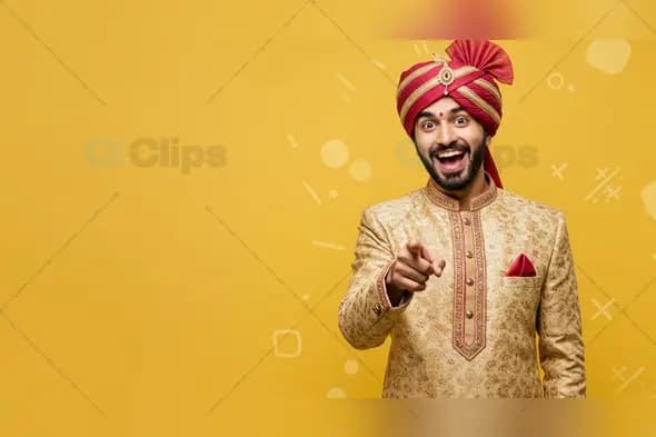 Smiling Indian Groom Pointing on Yellow Background