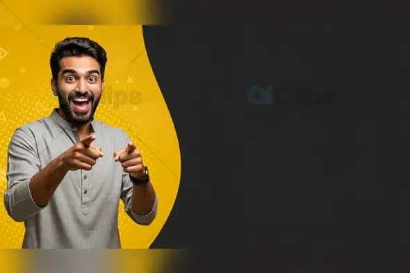 Excited Indian Man in Grey Kurta with Black and Yellow Background