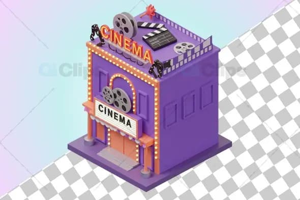 Isometric 3D Cinema Building with Movie Elements