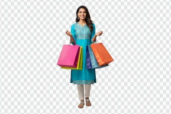 Happy Indian Woman Carrying Colorful Shopping Bags PNG