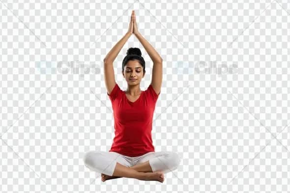 Yoga Meditation Pose with Raised Arms in Red and White Attire