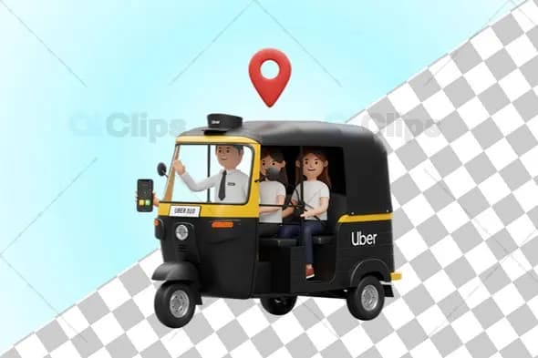 3D Uber Auto Rickshaw with Passengers and Driver Displaying App
