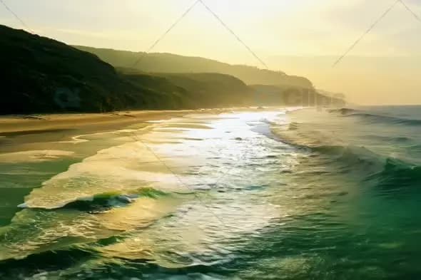 Aerial View of Coastal Waves Breaking on Beach at Golden Hour