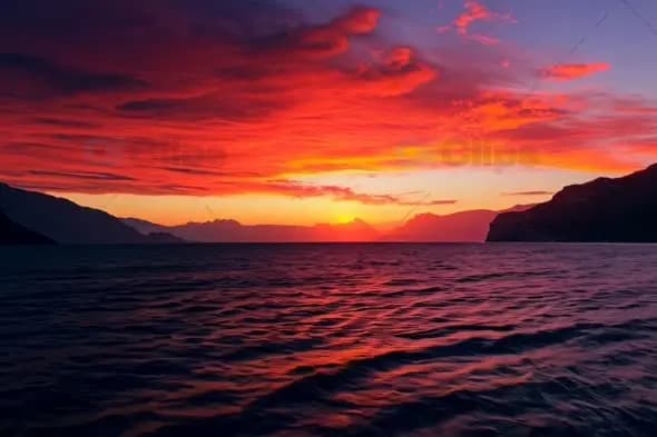 Dramatic Crimson Sunset Over Mountain Lake with Rippling Waters