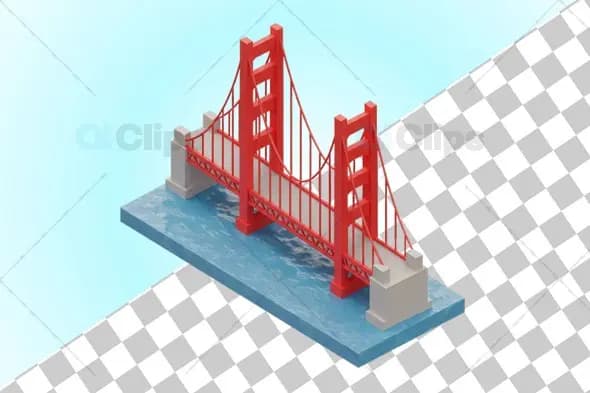 3D Isometric Golden Gate Bridge Over Animated Water