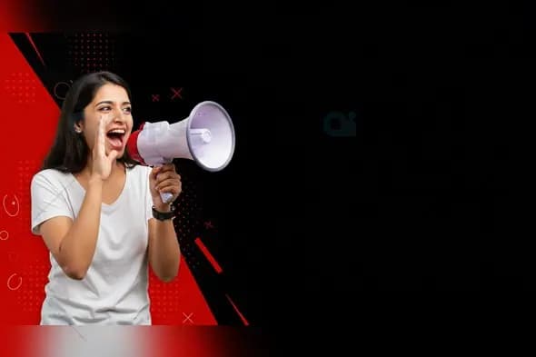 Indian Woman Shouting Through Megaphone on Red and Black Abstract Background