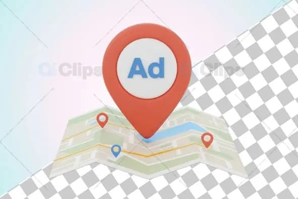 3D Location Pin with Ad Marker on Folded Map