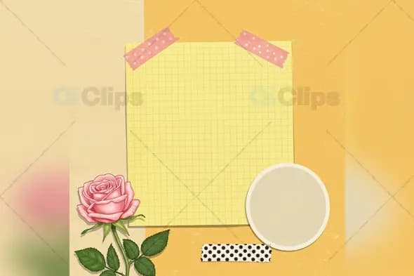 Romantic Grid Note Template with Pink Rose and Polka Dots