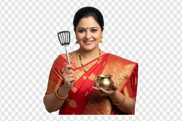 Traditional Indian Woman with Cooking Utensils PNG Clipart