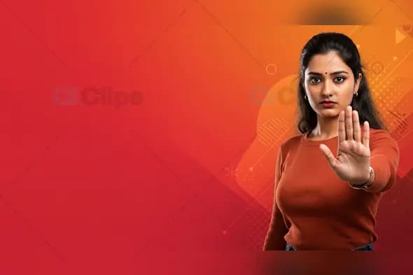 Indian Woman Gesturing Stop on Red and Orange Gradient Background