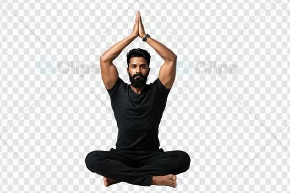 Bearded Man in Black Performing Yoga Namaste Pose on Transparent