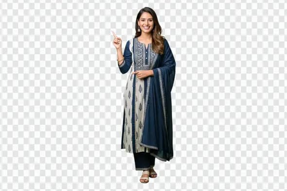 Smiling Indian woman in traditional attire pointing up PNG