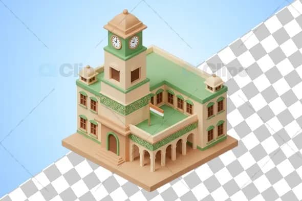 Isometric Colonial Clock Tower Building with Mint Green Accents