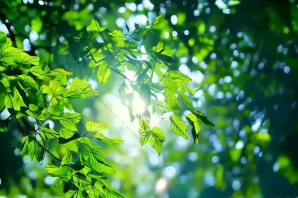 Sunlight Filtering Through Fresh Green Leaves with Bokeh Effect