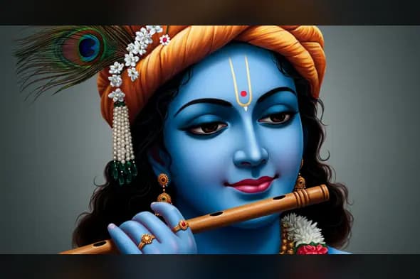 Elegant Lord Krishna Playing Flute – Divine Close-Up with Floral Turban